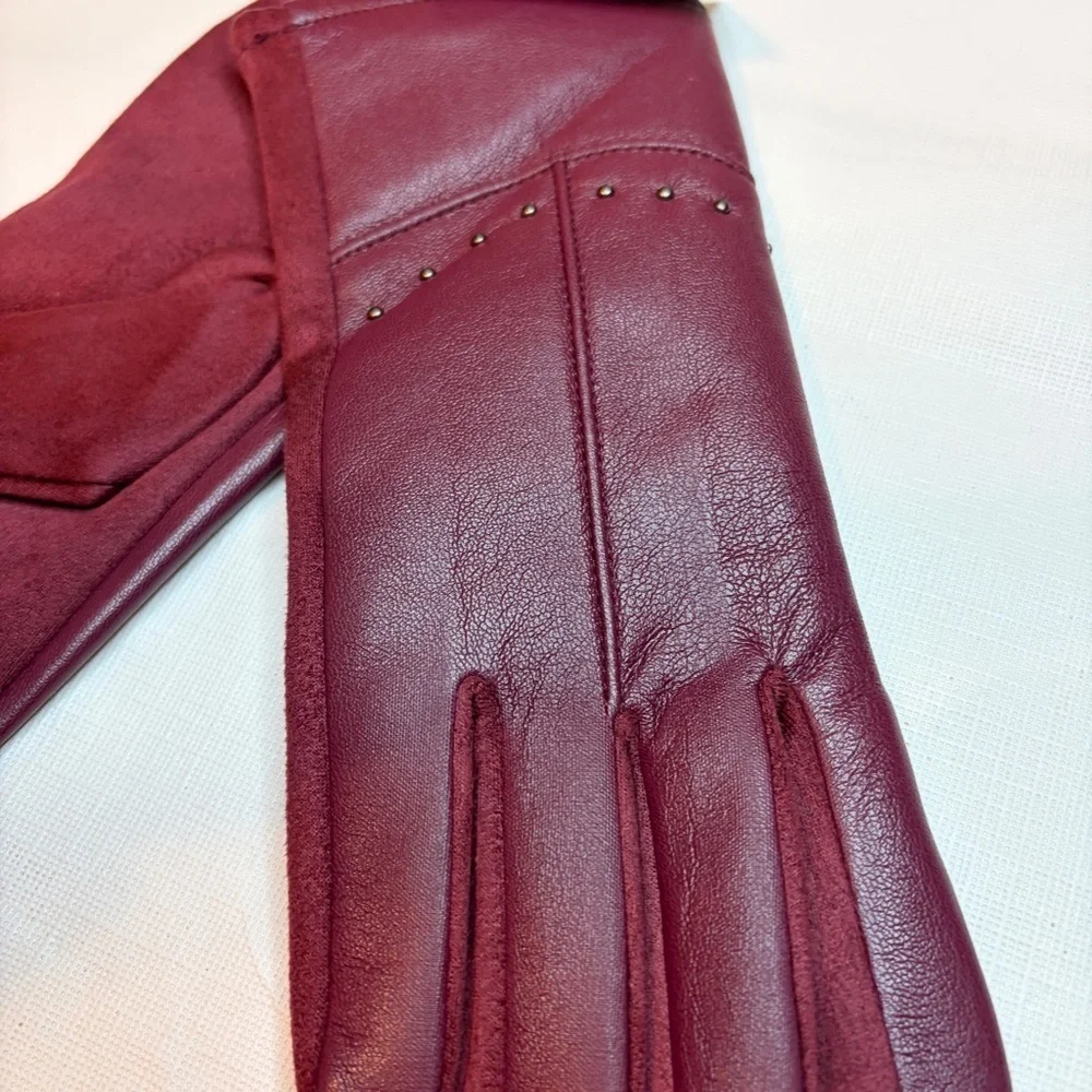 Chic Maroon Leather Gloves with Smartphone Finger and soft inside